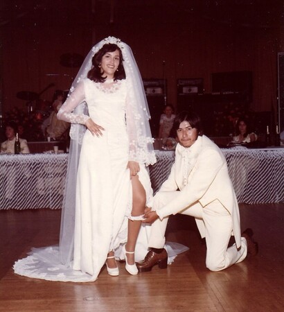 70s wedding dress, retro and garter