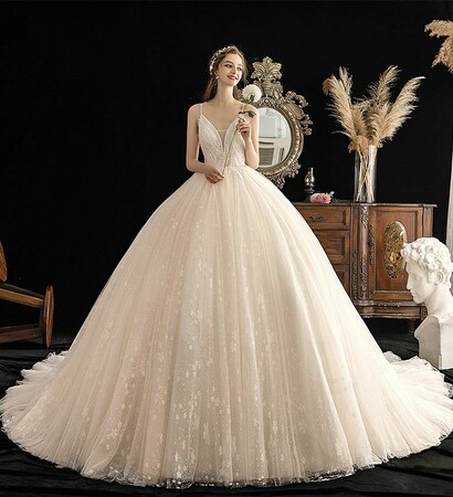 bridal, deep v neck wedding dress and girl