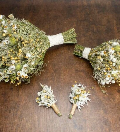 wheat boutonniere, natural bouquet and bridal bouquet