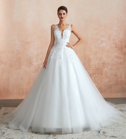 deep v neck wedding dress, tulle wedding gown and lace