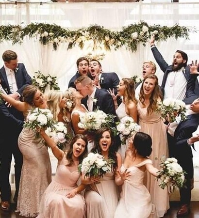 groom, bridesmaids and dress