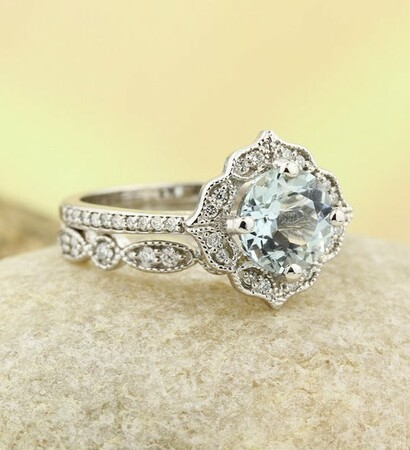 aquamarine ring set, diamond aquamarine and march birthday