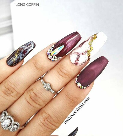glass false nails, glue on silver nails and stiletto custom nail