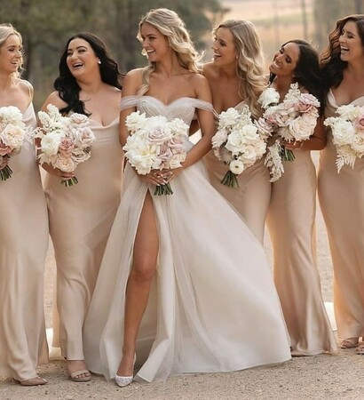 bride, friends and happy