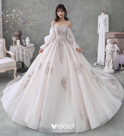 puffy sleeves, bridal and tulle wedding gown