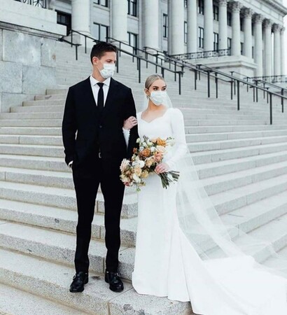 couple, mask and dress