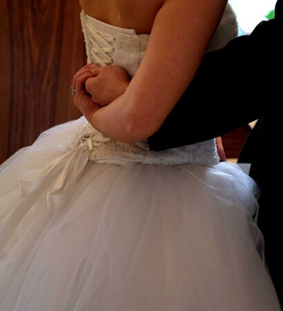 white dress, wedding dress and ring
