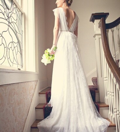 white gown, long dress and white veil