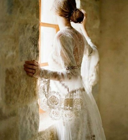 happy, wedding dress and pearls