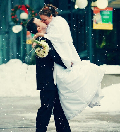 groom, snowy and romantic
