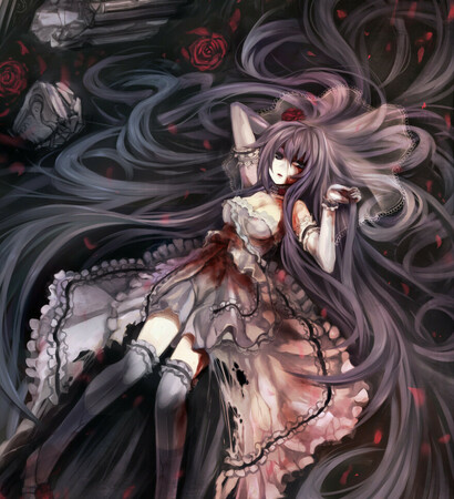 long hair, anime girl and red rose