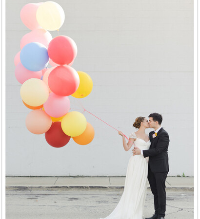 bride, groom and baloons