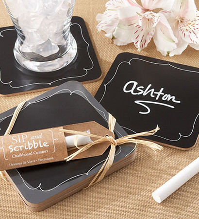 trendy favors, wedding favors and chalkboard coaster favor