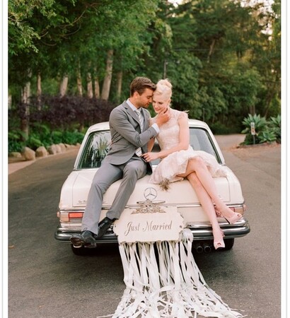 wedding dress, limo and trees