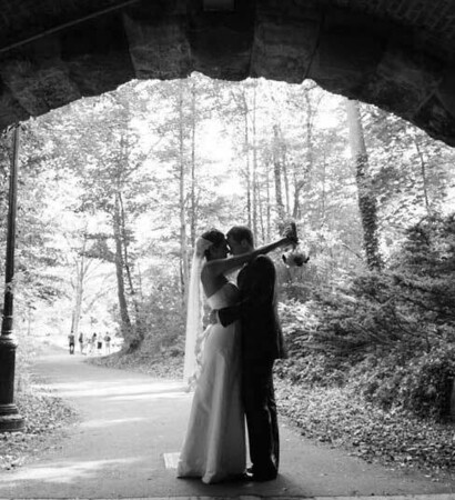 bride and groom, black and white and black dress