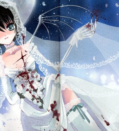 short hair, anime girl and wedding dress with blood