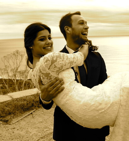 just married, wedding dress and groom