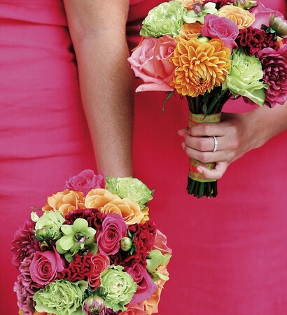 bouquet, bridesmaids and fuchsia