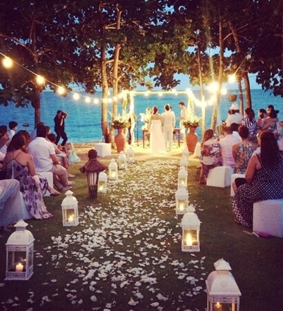 outside, bride and men