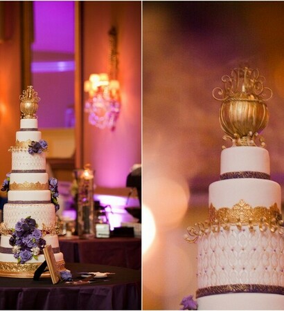 purple, wedding cake and gold